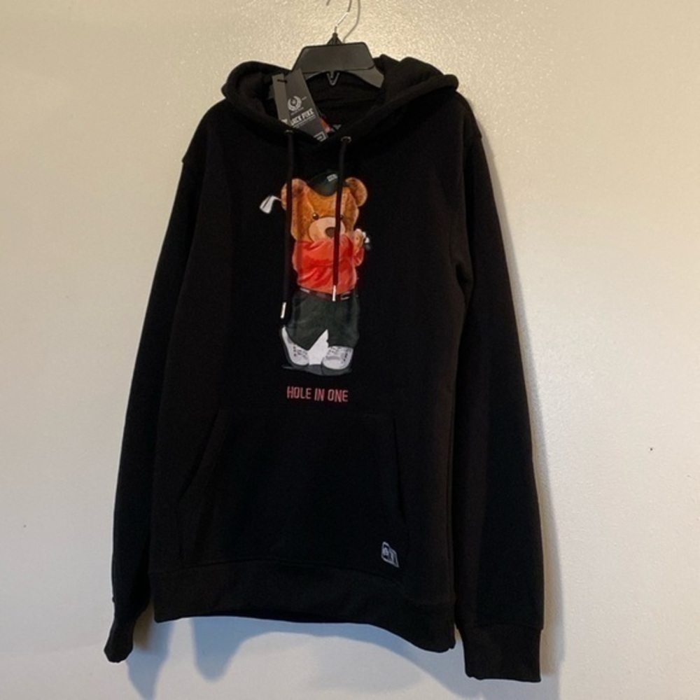 Black Pike Teddy Bear golf hole in one embroidered pocket fleece lined hoody